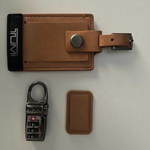 Leather Tumi Alpha Luggage Tag, Tumbler Lock (Rare) Monogram Patch Brown Caramel